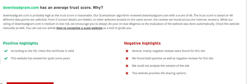 Screenshot of ScamAdviser rating for DownloadGram website. Screenshot of ScamAdviser rating for DownloadGram website.