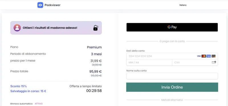 Creare un account con Peekviewer: inserire i dati della carta di credito